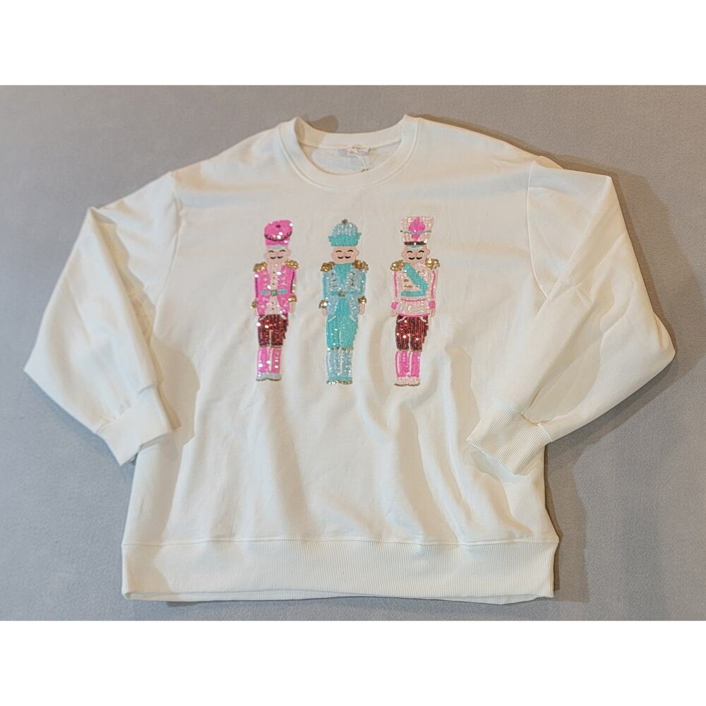Mary Square Nutcracker Sequin Christmas Sweatshirt NWT White Holiday - Large